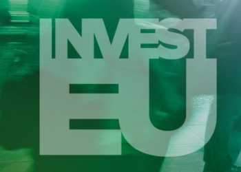 Logo de InvestEU sobre un fondo verde con personas en movimiento