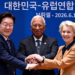 Líderes de la Unión Europea y Corea del Sur firmando un acuerdo de comercio digital