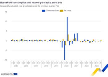 El consumo real per cápita de los hogares disminuye ligeramente en la zona del euro y se mantiene estable en la UE