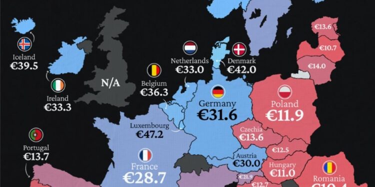 Se publica un mapa virtual que revela la media salarial de los países europeos