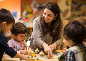 Maestra interactuando con niños en un aula de educación preescolar