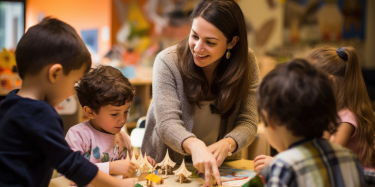 Maestra interactuando con niños en un aula de educación preescolar