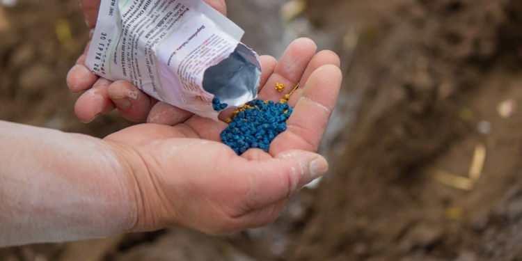 Mano sosteniendo fertilizantes de colores azul y amarillo