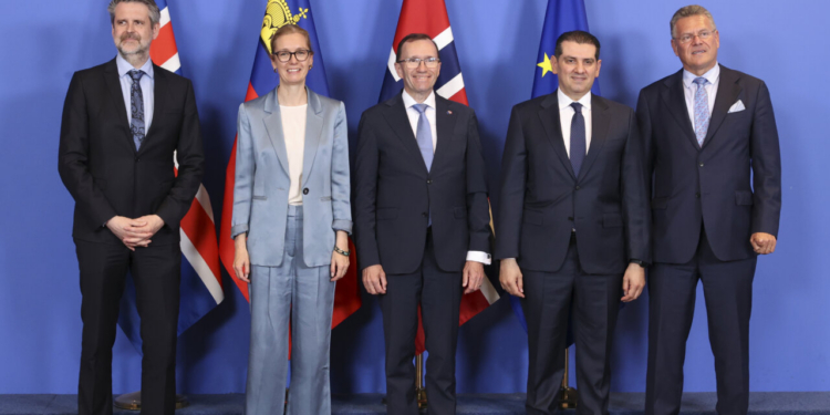 Cinco líderes europeos posando frente a banderas en un evento formal.