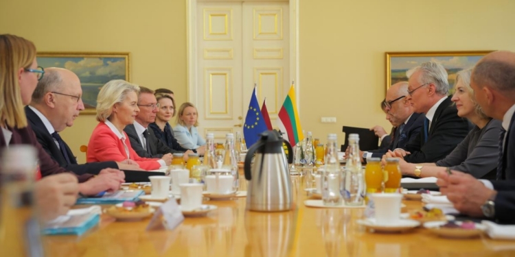 Reunión de líderes europeos discutiendo amenazas híbridas en Lituania