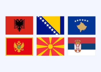 Banderas de los países de los Balcanes Occidentales incluyendo Albania y Kosovo