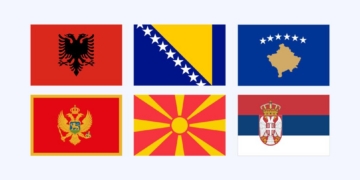 Banderas de los países de los Balcanes Occidentales incluyendo Albania y Kosovo
