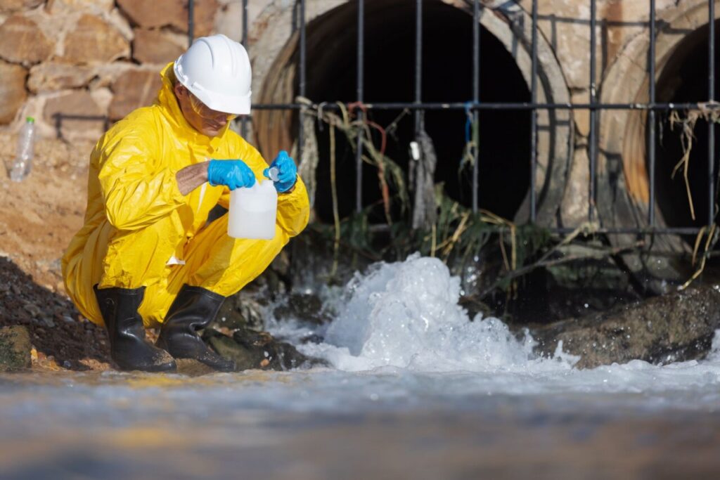 Científico en traje amarillo muestreando agua de un drenaje