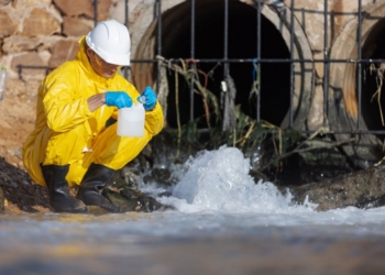 Científico en traje amarillo muestreando agua de un drenaje