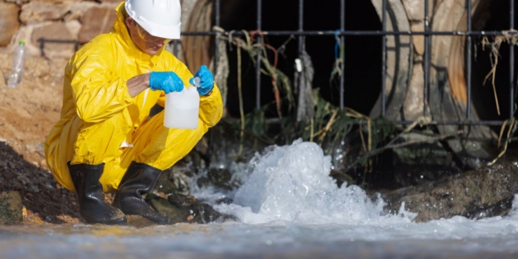 Científico en traje amarillo muestreando agua de un drenaje