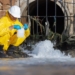 Científico en traje amarillo muestreando agua de un drenaje