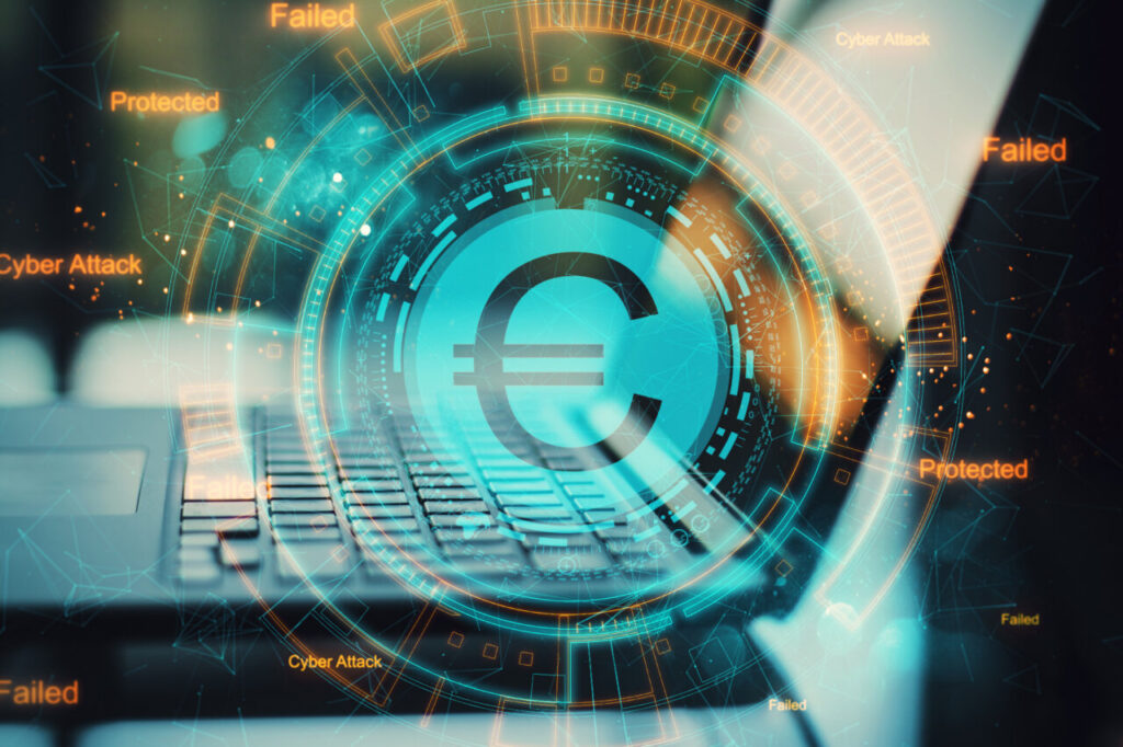 Primer plano de un laptop con un símbolo del euro digital en pantalla