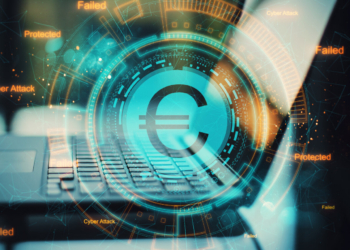 Primer plano de un laptop con un símbolo del euro digital en pantalla