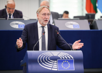 Eurodiputado hablando en el Parlamento Europeo sobre acuerdo con Estados Unidos