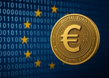 Moneda digital del euro sobre fondo de código binario y estrellas de la UE.