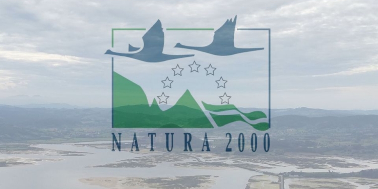 Logo de Natura 2000 sobre un paisaje natural con aves volando