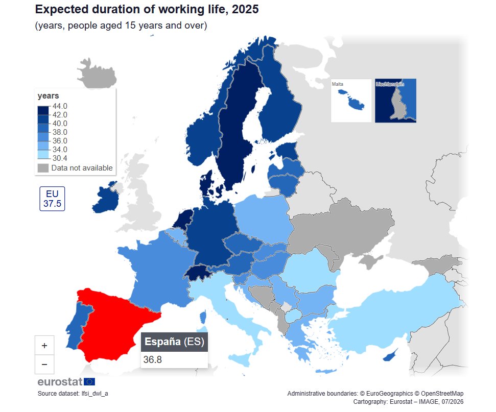 Mapa de la duración esperada de la vida laboral en Europa en 2025