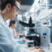 Científico en laboratorio analizando datos con microscopio y computadora