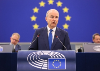 Micheál Martin hablando sobre el presupuesto europeo en el Parlamento Europeo.