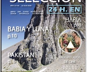 Portada de revista con montaña y títulos destacados