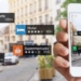 Persona usando un smartphone en una calle con información de servicios turísticos